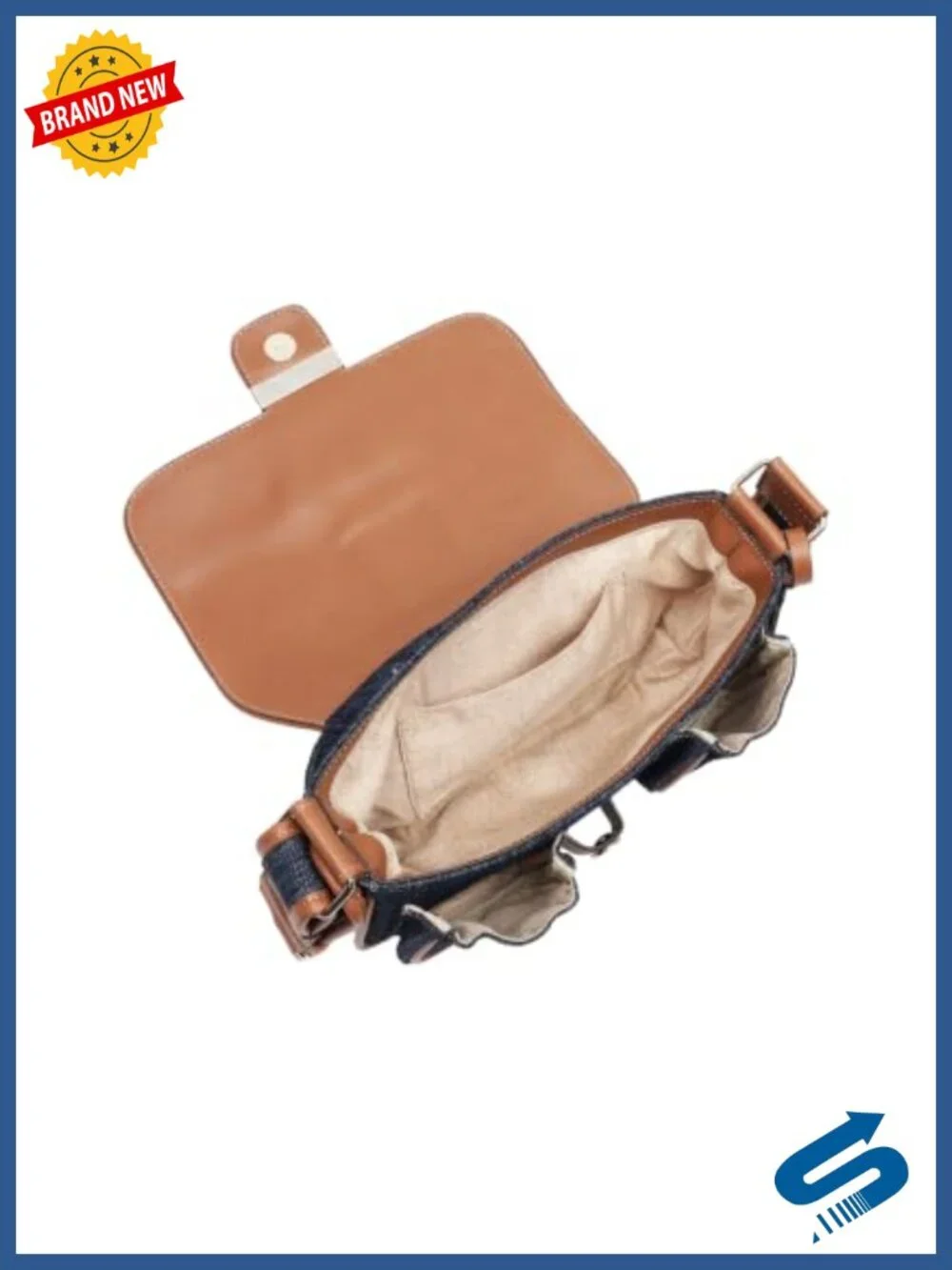 Denim Satchel with Horseshoe Hardware, 4 Pockets, Adjustable Strap